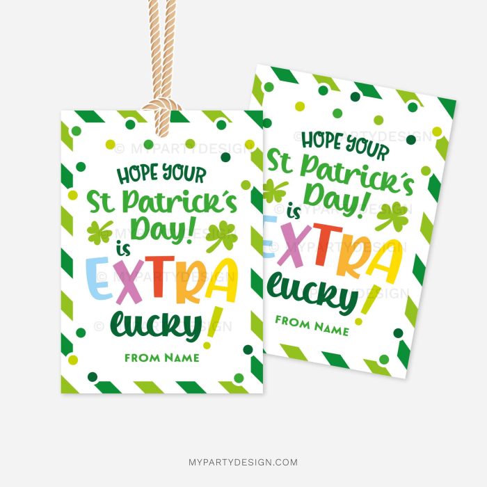 st patricks day bubble gum gift tags that read "hope your st patrick's day is extra lucky"