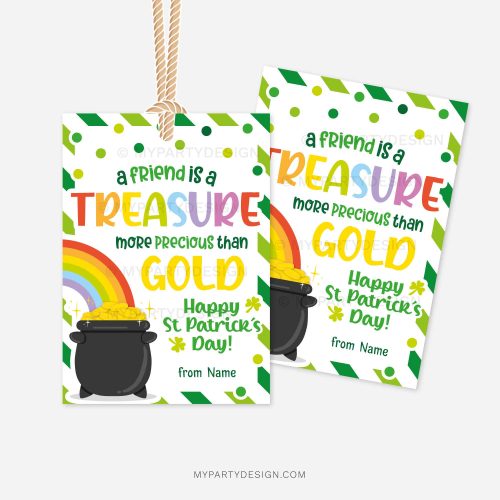 st patricks day class gift tags that read "a friend is a treasure more precious than gold"