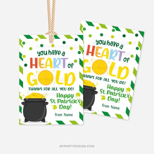 st patricks day gift tags with gold cauldron illustration that read "you have a heart of gold. thanks for all you do. happy st patrick's day"