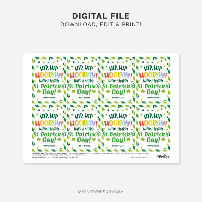 printable hip hip hooray st patrick's day gift tag for st patricks day class gifts