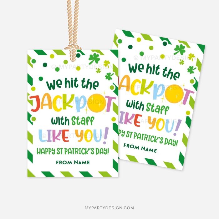 st patricks day gift tags that read "we hit the jackpot with staff like you"