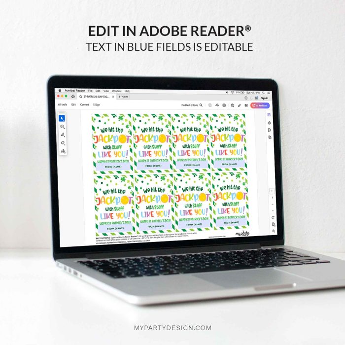 editable staff jackpot st Patrick's day gift tag template for st patty's staff appreciation gifts