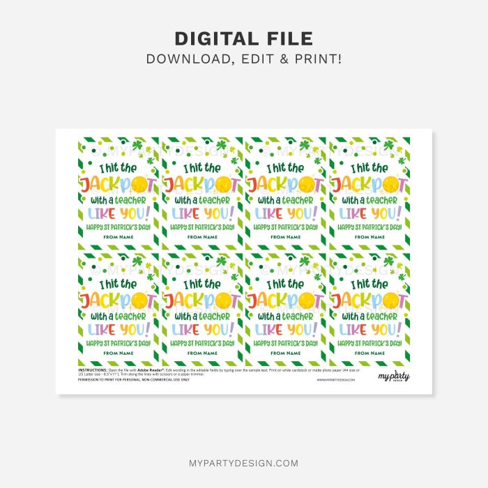 printable teacher jackpot st Patrick's day gift tag for st patty's teacher appreciation gifts