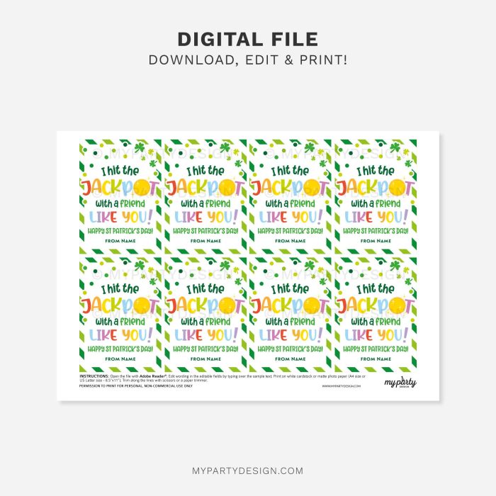 printable friend jackpot st Patrick's day gift tag for st patty's class gifts