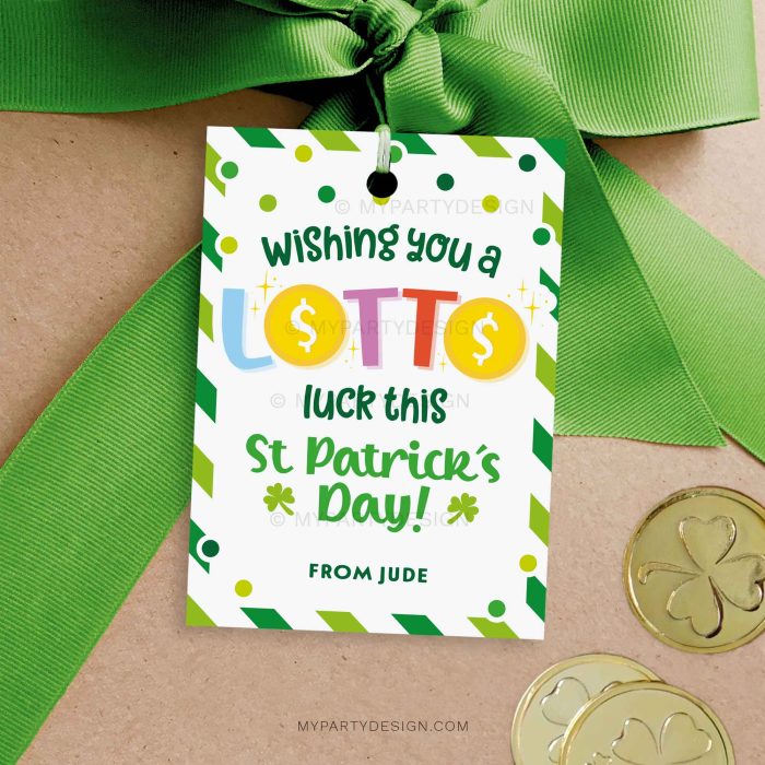 lotto luck st patrick's day gift tag for lottery ticket or scratch card gifts