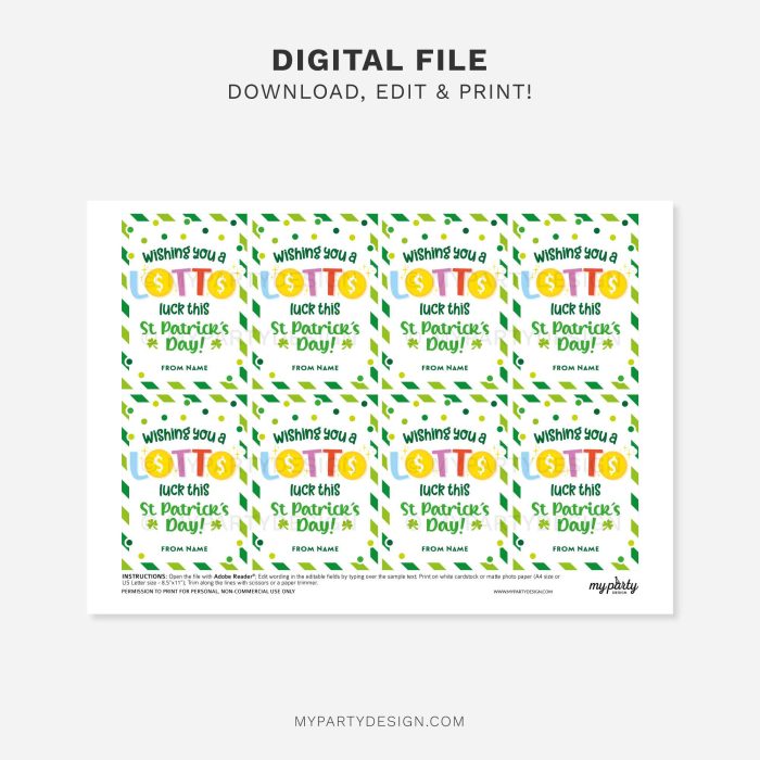 printable lotto luck st patrick's day gift tag for lottery ticket or scratch card gifts