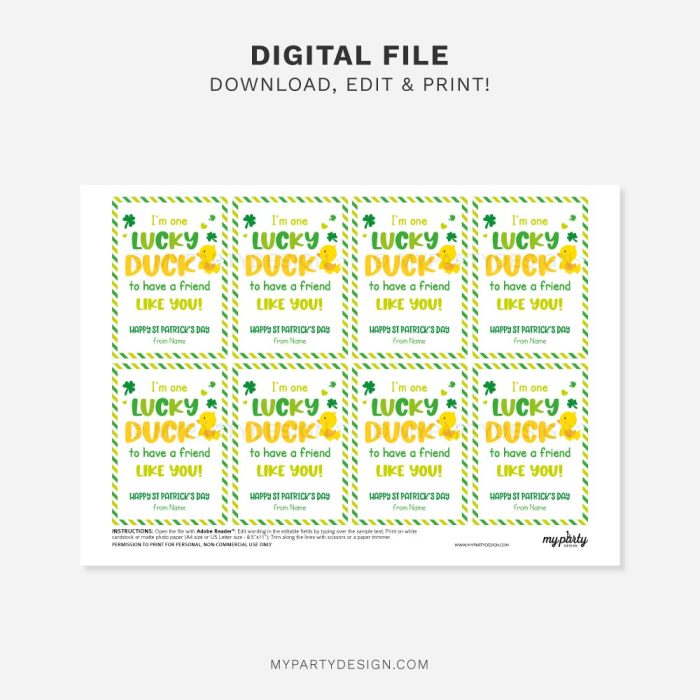 printable lucky duck st patrick's day tags / cards for kids