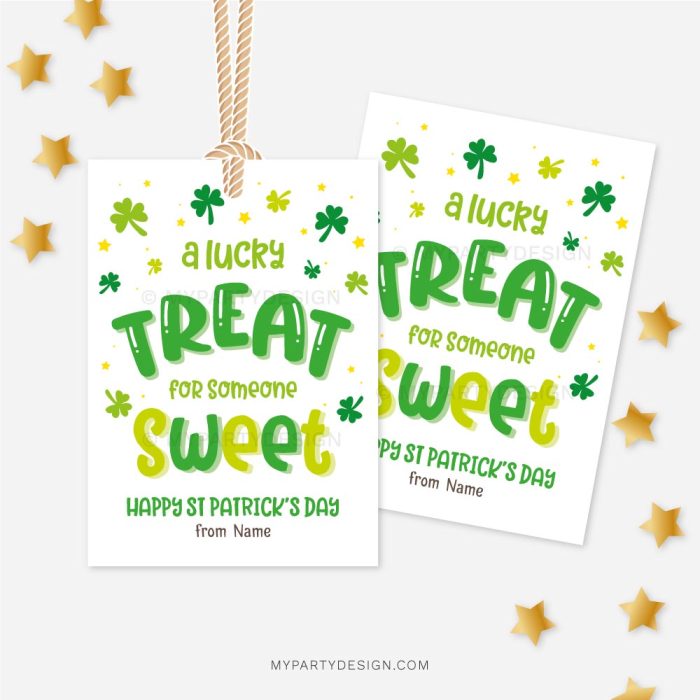 St Patrick's Day tags that read "A lucky treat for someone sweet"