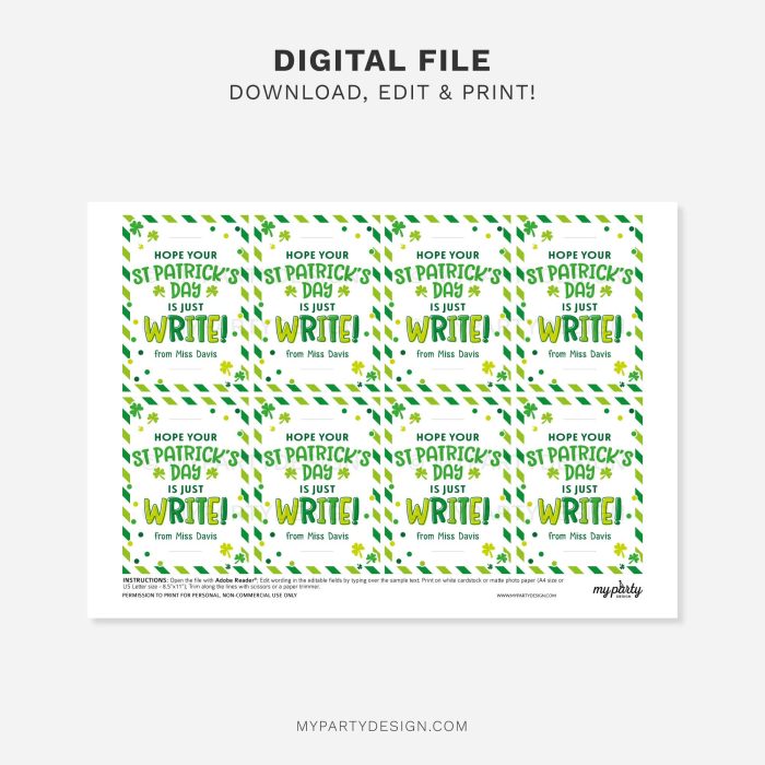 printable St Patrick's Day pencil tag for non-candy st patrick's day class gifts