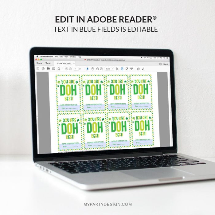 editable doh best playdough st patrick's day tags for kids