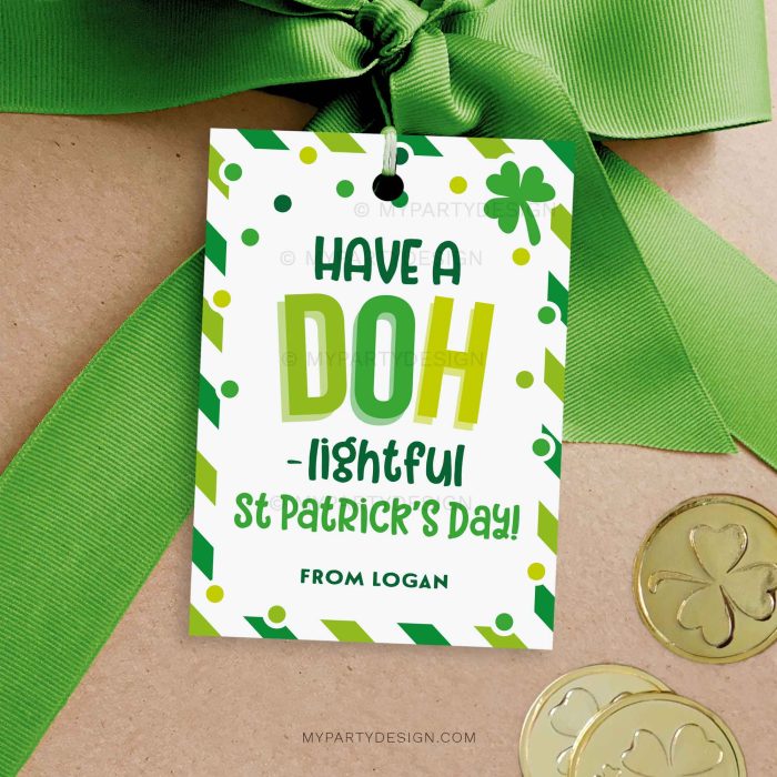 DOH-lightful St Patrick's Day play dough gift tag for playdough class gifts