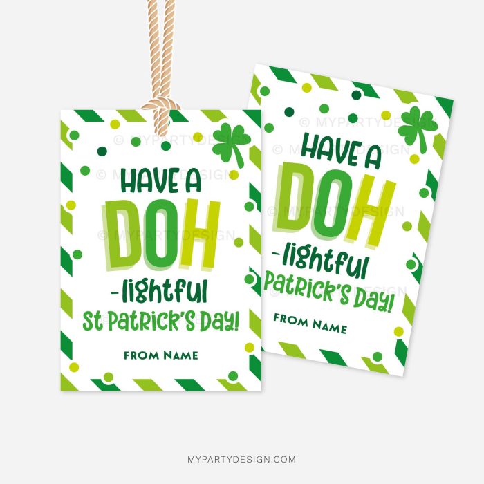 st patrick's day gift tags for play dough gifts that read "Have a DOH-lightful St Patrick's Day"
