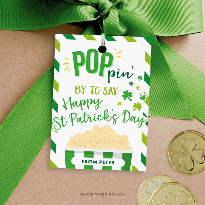 st Patrick's day popcorn git tag for teacher appreciation or class gifts