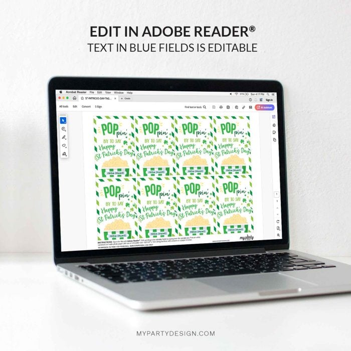 editable st Patrick's day popcorn git tag template for teacher appreciation or class gifts
