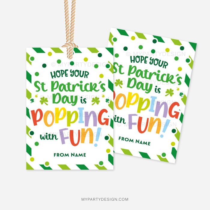 st patricks day tags that read "Hope your St Patrick's Day is Popping with Fun!"