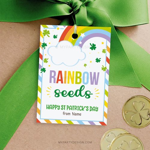St Patrick's Day Tags that read "rainbow seeds"
