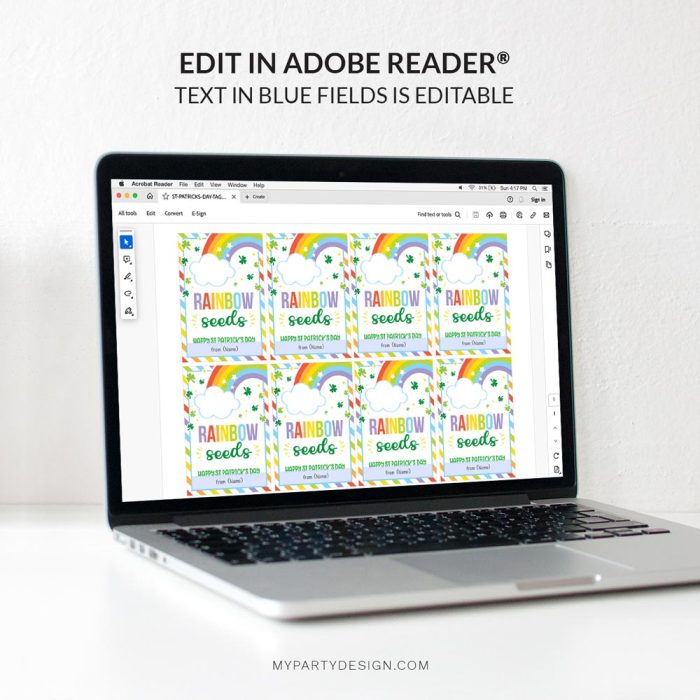 editable Rainbow Seeds St Patrick's Day Tags template