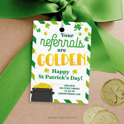 golden referrals st patricks day gift tag for client appreciation or business marketing gifts