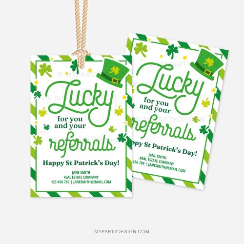 st patricks day referral appreciation gift tags that read "lucky for you and your referrals. happy st patrick's day"