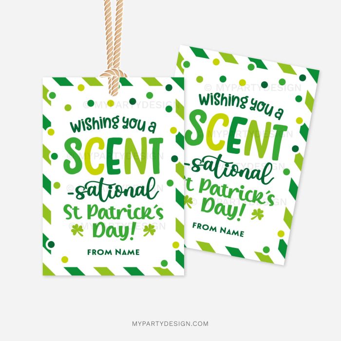 st patricks day gift tags that read "wishing you a scent-sational st patrick's day"