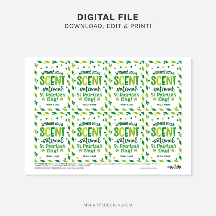 printable scentsational st patrick's day gift tag for candle, soap or fragrance st patricks day gifts