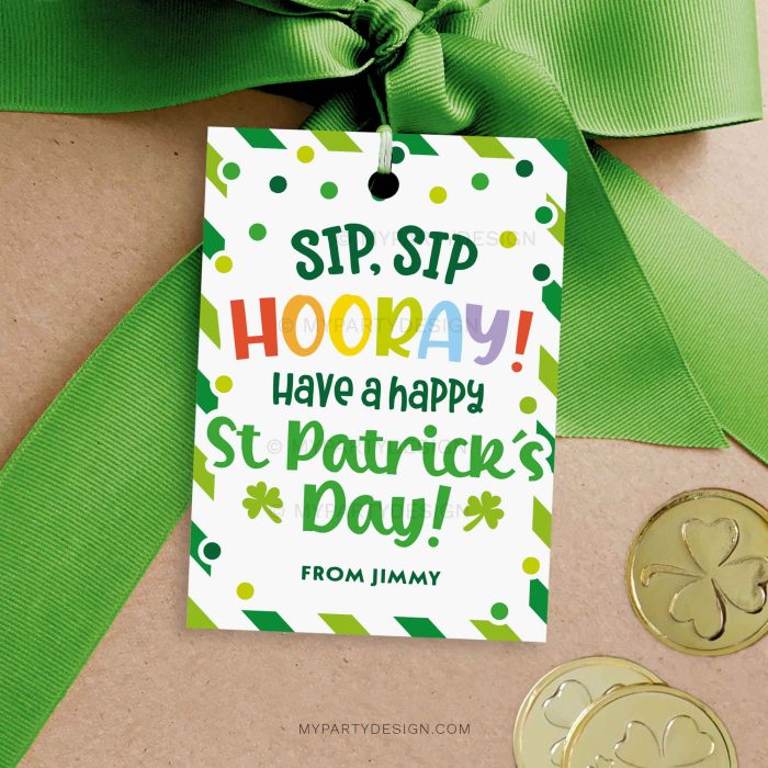 sip sip hooray st patrick's day gift tag for st patricks day class gifts