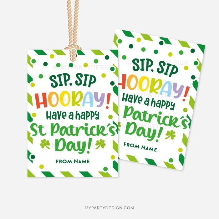 st patricks day gift tags that read "sip sip hooray, have a happy st patrick's day"