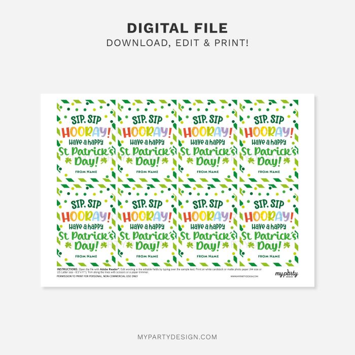 printable sip sip hooray st patrick's day gift tag for st patricks day class gifts