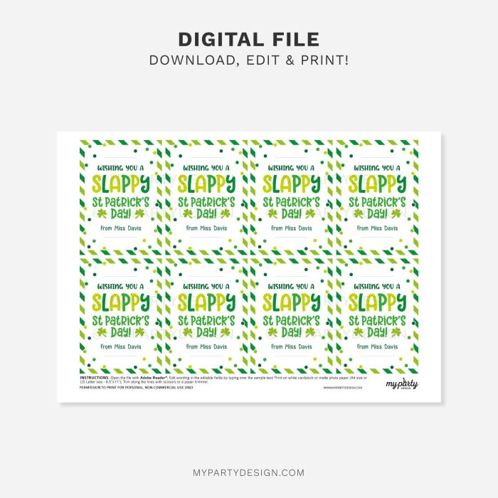 printable slappy St Patrick's Day slap band tag for non-candy st patrick's day class gifts