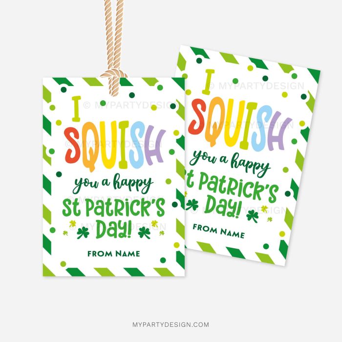 st patrick's day gift tags that read "I squish you a happy st patrick's day"