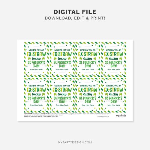 printable st patrick's day straw tags for school non-candy class gifts
