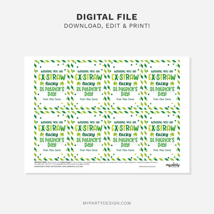printable st patrick's day straw tags for school non-candy class gifts
