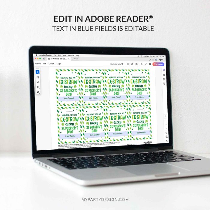 editable st patrick's day straw tag template for school non-candy class gifts