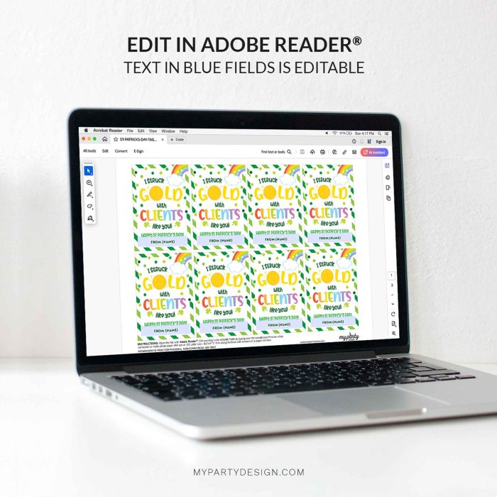editable client gold st Patrick's day gift tag template for st patty's class gifts