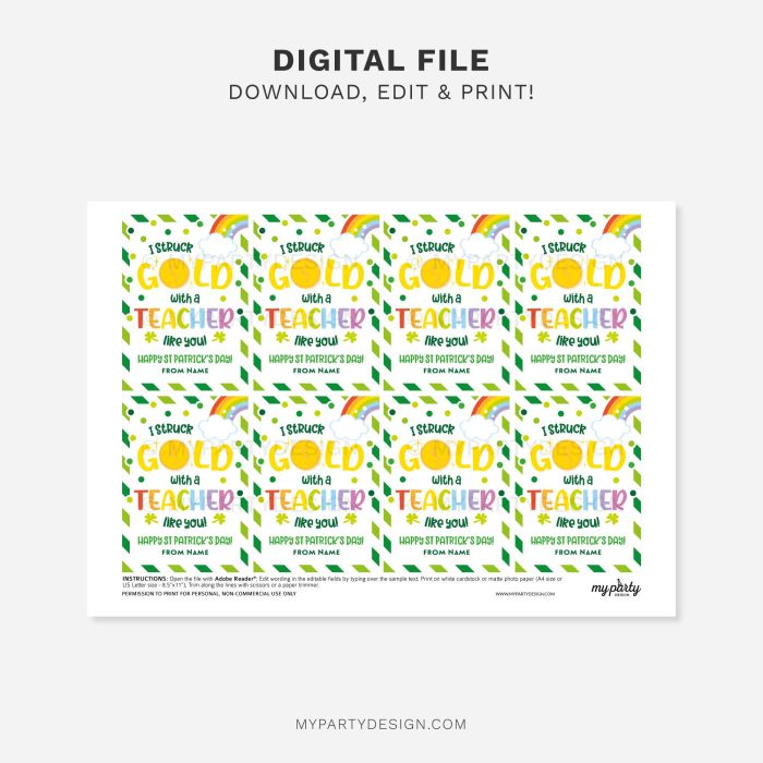 printable teacher gold st Patrick's day gift tag for st patty's teacher gifts