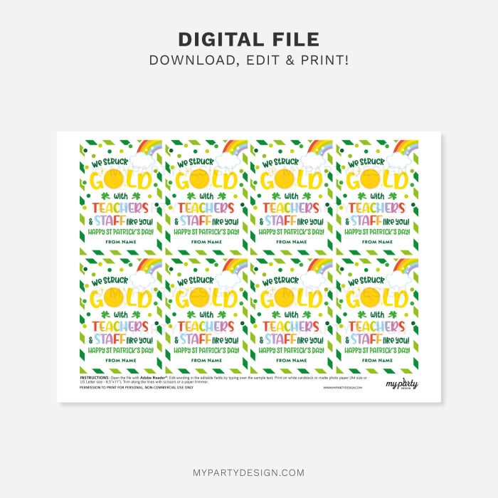 printable teachers and staff gold st Patrick's day gift tag for st patty's teacher gifts