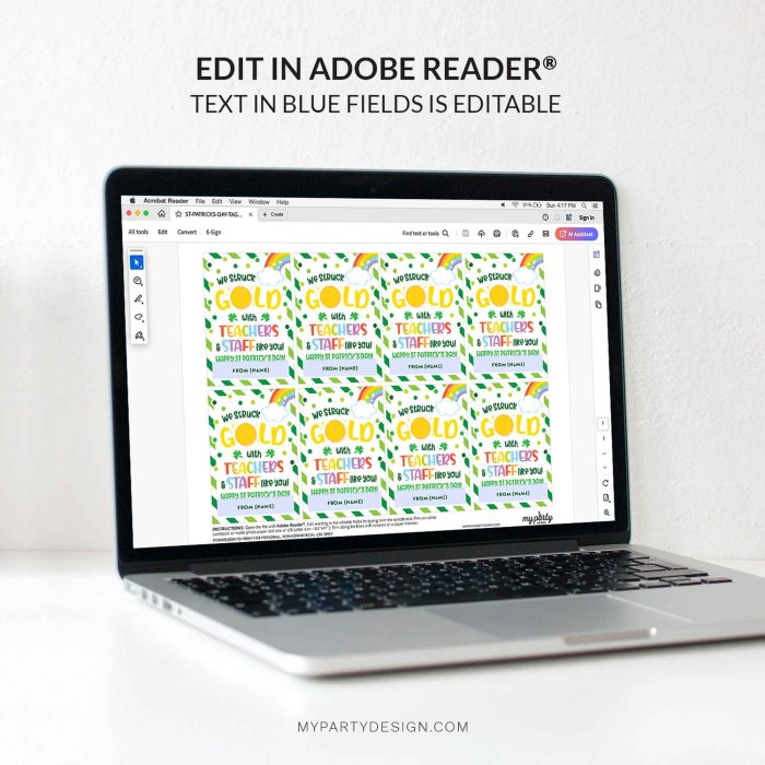 editable teachers and staff gold st Patrick's day gift tag template for st patty's teacher gifts