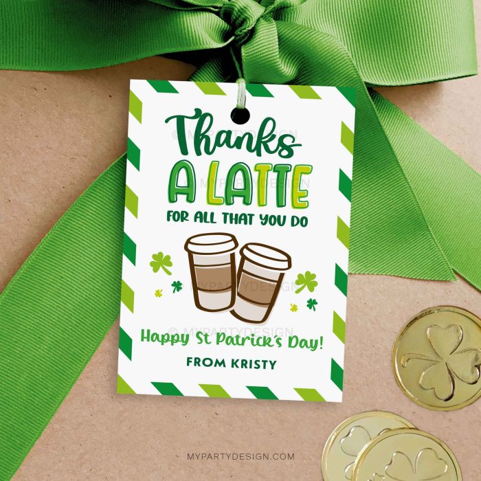 St Patrick's Day thanks a latte gift tag for teacher or staff appreciation gifts