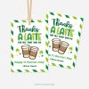 green st patrick's day labels for coffee appreciation gifts that read "thanks a latte for all that you do. happy st patrick's day"