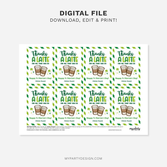 printable St Patrick's Day thanks a latte gift tag for teacher or staff appreciation gifts