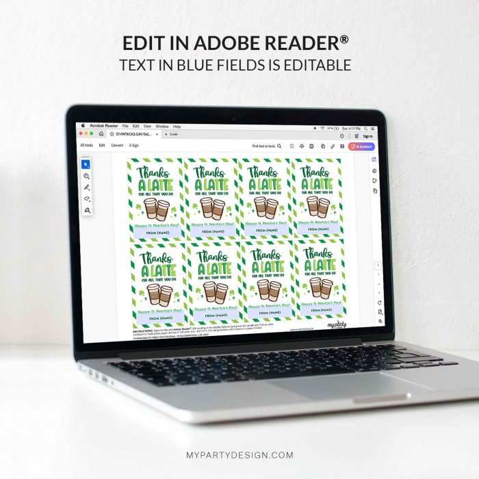 editable St Patrick's Day thanks a latte gift tag template for teacher or staff appreciation gifts