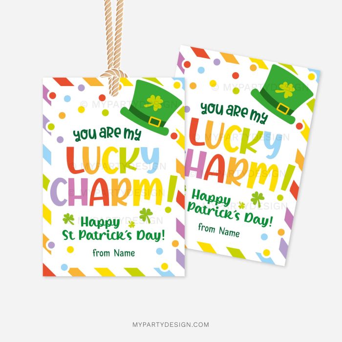 st patricks day gift tags that read "you are my lucky charm! happy st patrick's day"
