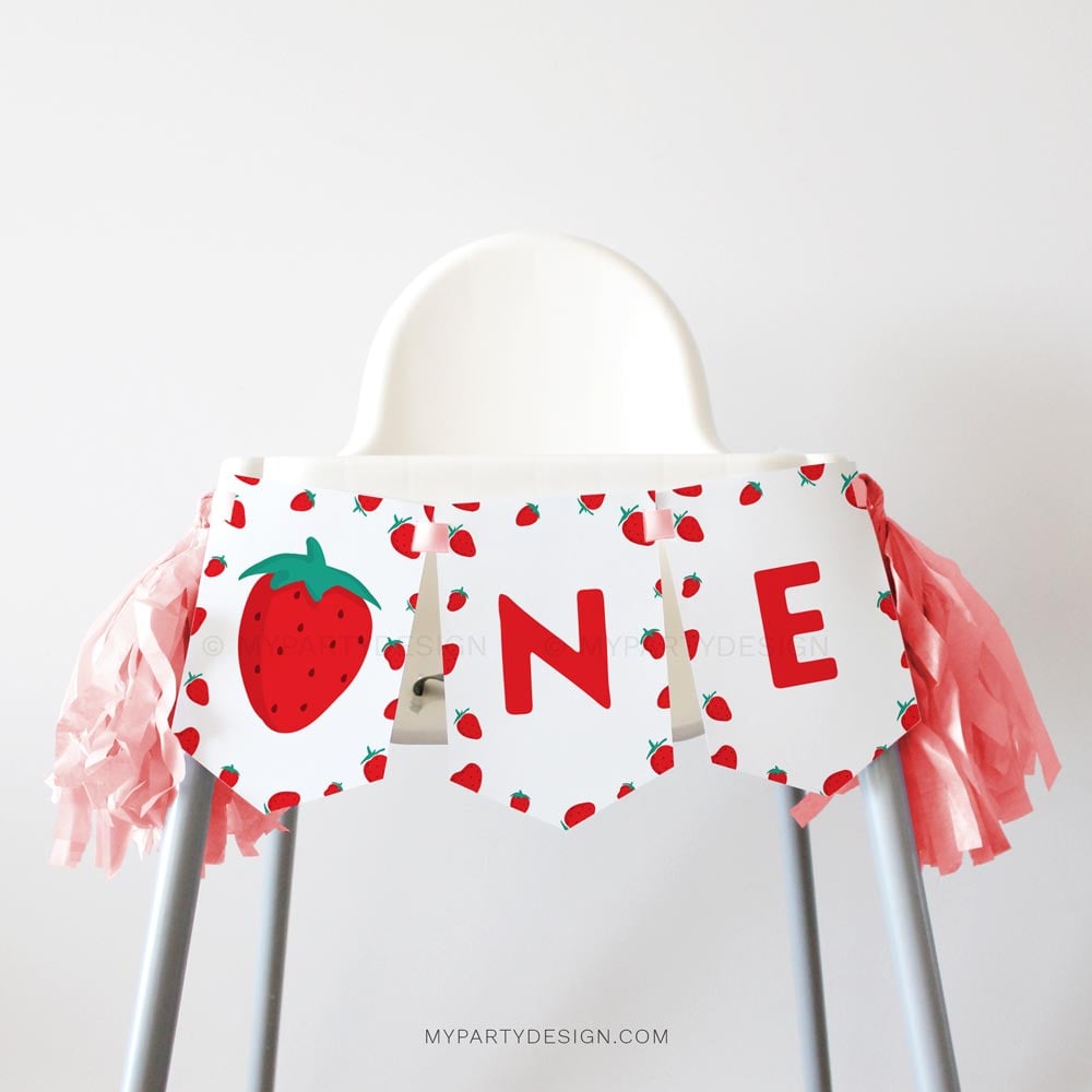 STRAWBERRY-BIRTHDAY-PARTY-HIGH-CHAIR-BANNER-00A strawberry first birthday high chair banner for a one year old