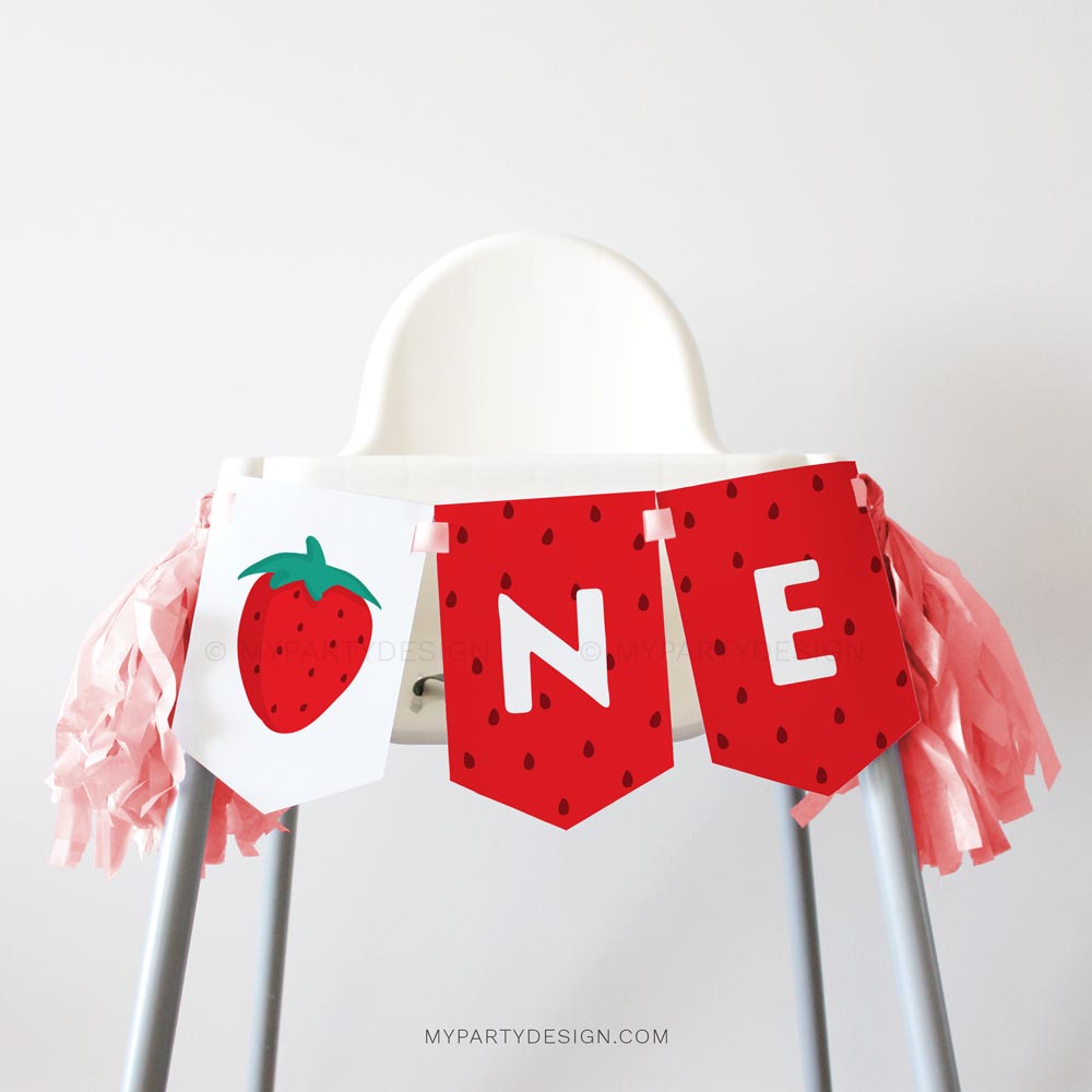 STRAWBERRY-BIRTHDAY-PARTY-HIGH-CHAIR-BANNER-00E strawberry first birthday high chair banner for a one year old