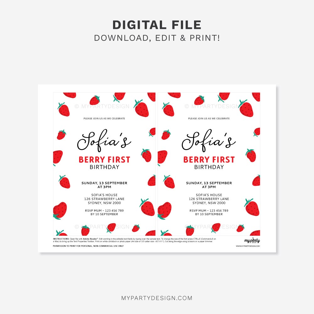 STRAWBERRY-BIRTHDAY-PARTY-INVITATION-BDST01-00B printable Strawberry Birthday Invitation
