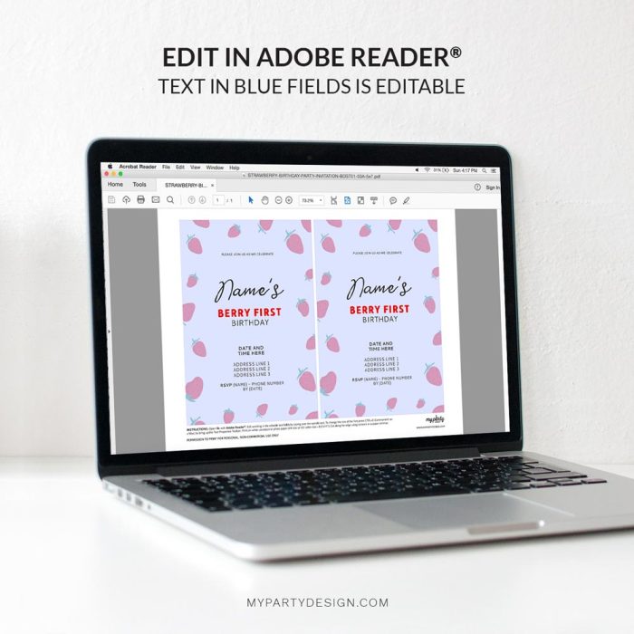 editable strawberry birthday invitation template