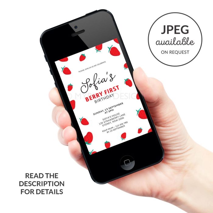 digital strawberry birthday invitation template