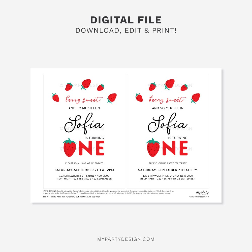 STRAWBERRY-BIRTHDAY-PARTY-INVITATION-BDST02-00B printable strawberry first birthday invitation