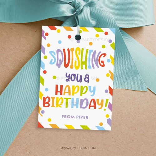 squishing you a happy birthday gift tag in rainbow colors