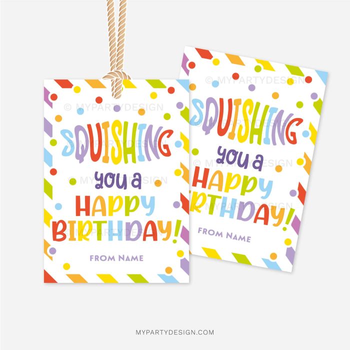 rainbow coloured squishing you a happy birthday gif tag for squishy toy class gifts